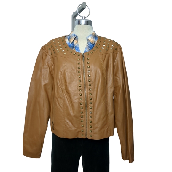 Addition Elle caramel embellished aux leather jacket size 20 - Picture 1 of 12